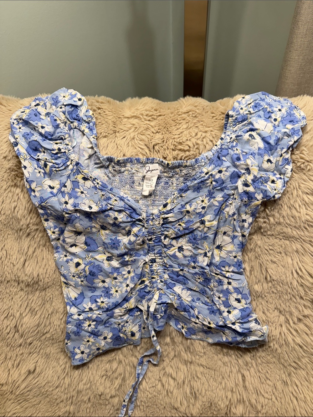 Japna Blue and White Floral Ruched Drawstring Crop Top